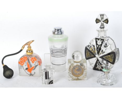 A collection of vintage Art Deco glassware. Including an acid etched style decanter, cocktail shaker, clock, perfume / scent 