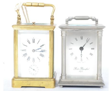A vintage 20th century brass French Aiguilles repeating cased carriage clock with enamel clock face with Roman numerals to th