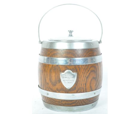 Ryecraft woodware Stapleford Notts England - A 20th Century treen wooden biscuit barrel / tea caddy of barrel form, with swin