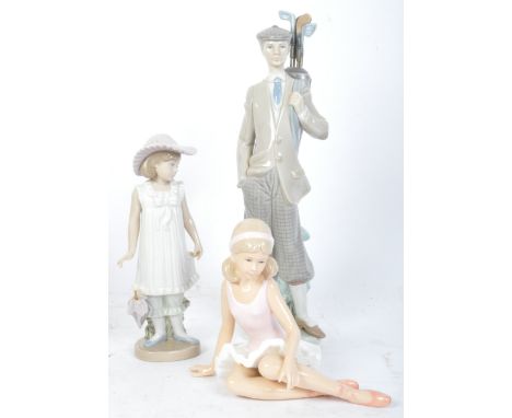 A collection of vintage 20th century porcelain Lladro &amp; Nao figurines comprising of a golfer, small girl with umbrella to