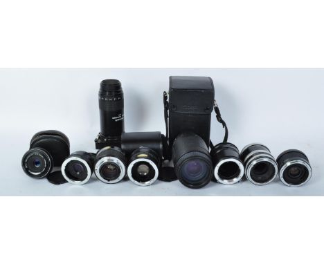 An assortment of vintage 20th century photographic camera lenses to include a Sigma Auto Focus DL Zoom, a Makinon X2 Converte