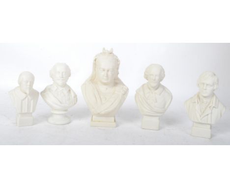 A group of five vintage 20th Century parian ware miniature busts. Comprising of Queen Victoria, Shakespeare, R &amp; L Robert