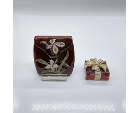Small red enamel box with cream and rhinestone bow on lid, magnetic closure 1.5"L x 1.5"W x 1"H. Monet red enamel with flower