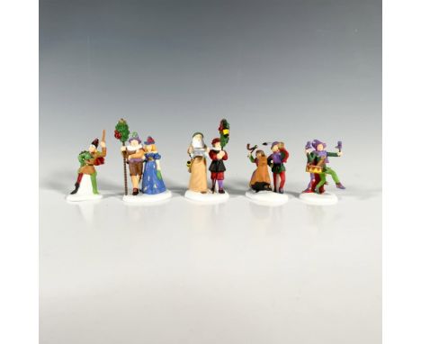 A set comprising a whimsical jester, a couple with a wreath rod, a knight wielding a wooden sword, a wise village elder accom