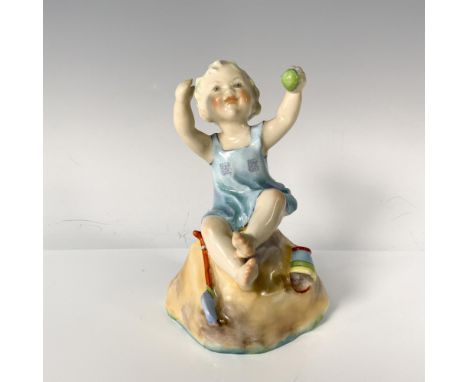 Adorable young lad in a blue bathing gown lounges on a sandy hill, surrounded by his beach toys. Royal Worcester backstamp. D