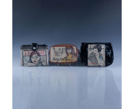 This collection includes a bronze leather crossbody bag with a Fashion graphic feature and detachable strap, a black patent l