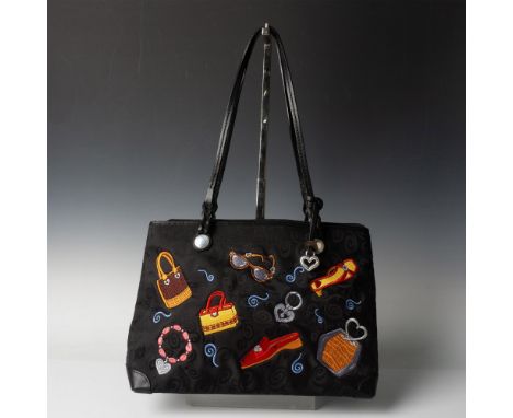 Black sturdy jacquard fabric decorated with colorful embroidered images of shoes, handbags, bracelet and sunglasses. Black le