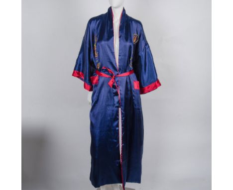 A blue and maroon lounging polyester robe decorated in yellow and orange embroidery dragons and phenix. Approximate measureme
