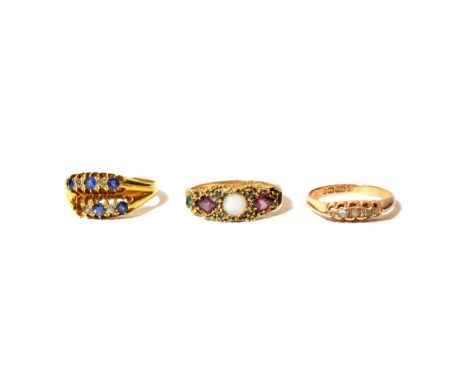 A 15 carat gold diamond five stone ring, finger size N; a 15 carat gold gem set ring, finger size P1/2 (a.f.); a sapphire and