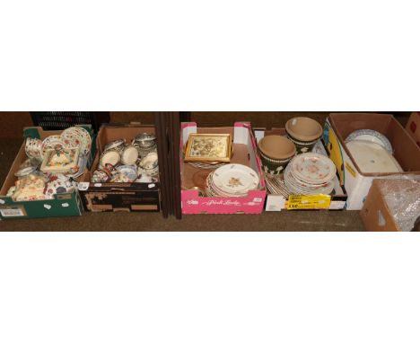 Five boxes of 19th century and later dinner and tea wares; a pair of Copeland Spode planters etc 