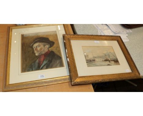 Attributed to Albert George Stevens, portrait of James Ulric Walmsley, watercolour; together with a harbour scene watercolour