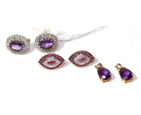 A pair of 9 carat gold ruby and diamond cluster earrings, with post fittings; a pair of 9 carat gold amethyst and diamond clu