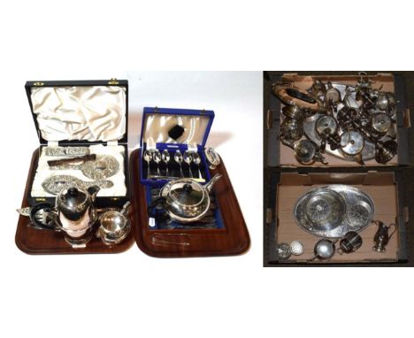 A collection of silver and silver-plate, including: a silver dressing-table service; a silver coffee spoon; three silver plat