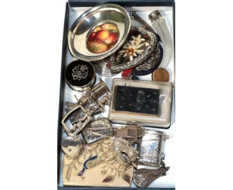 A group of assorted silver and objects of vertu, including: a Royal Worcester porcelain plaque, signed W Bee, with silver mou