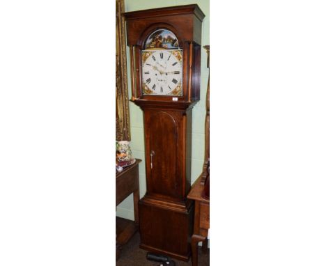 An oak eight day longcase clock, painted arch dial unsigned 