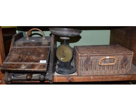 A Victorian coal scuttle; various bygone tools and implements including shears; a Salter set of scales; and a picnic basket
