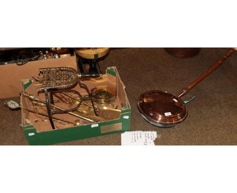 A small collection of brass fire tools, and a bed warming pan and coal scuttle 
