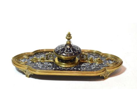 A late 19th century brass and enamelled inkwell of lancet Gothic Revival design, 28cm width  In overall nicely presented cond