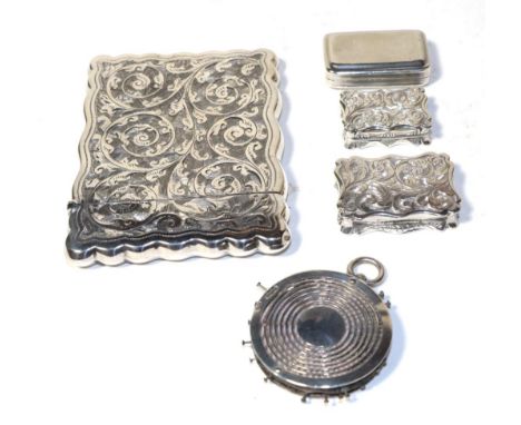 Three silver vinaigrettes; a card case; and a circular pin cushion  Card case is a little dented and out of shape, some light