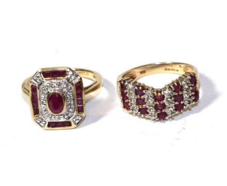 A 9 carat gold octagonal ruby and diamond cluster ring, finger size P1/2; and a 9 carat gold ruby and diamond three row wishb