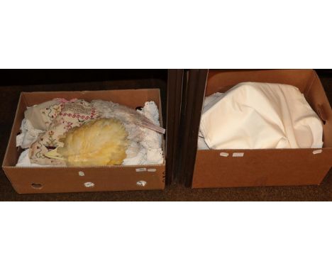 Assorted textiles including white linen sheets and cloths, knitted bed cover, small book of lace, crochet edged cloths, kid g
