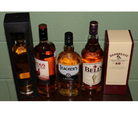 Red Breast 12 year old single pot still Irish whiskey (70cl, 40%), Penderyn single malt Welsh whisky (70cl, 46%), Famous Grou