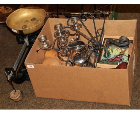 A set of Wedderburn scales and weights together with a wooden barley twist candlestick, various silver plate, pair of Indian 