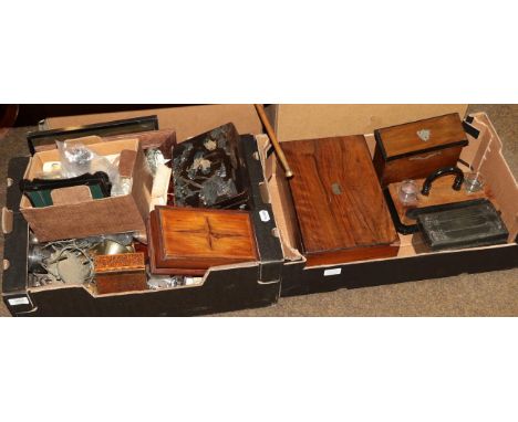 A box of various item including treen, silver plate and a papier mache box bearing great exhibition label etc