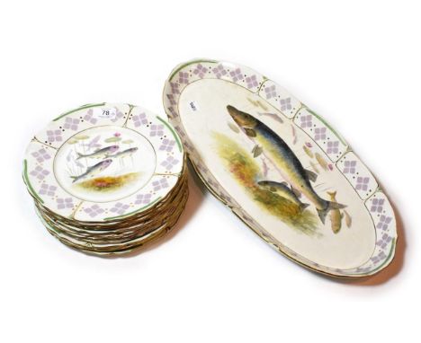 A Bonn Franzant Mehlem fish platter and twelve fish pattern plates