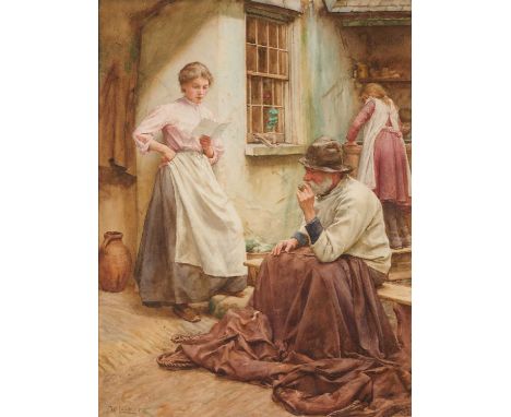 WALTER LANGLEY (BRITISH 1852-1922)  PLEASANT NEWS signed W LANGLEY lower left  watercolour on paper 52 x 39cm; 20 1/2 x 15 1/