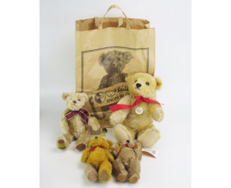 Steiff 1909 Classic Teddy Bear with growler and tags 000379, Merrythought Tommy Bear GC11GD with tags and two others, present