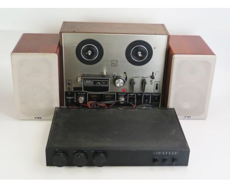 An Akai 4000DS Reel to Reel Tape Recorder with Akai QX-3700 Speakers and Cambridge P40 Amplifier 