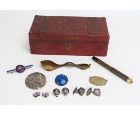 A leather bound trinket box, pair niello enamel cuff links, Ideal fountain pen, ear clips brooches etc. 