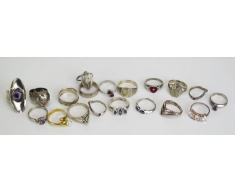 Fifteen Silver Rings (hallmarked or stamped marks, 67.38g) and four white metal including an enamel and diamond heart ring 