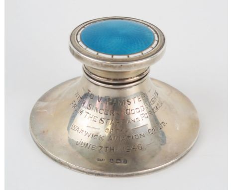 A George V silver and enamel capstan table lighter, maker Levi &amp; Salaman, Birmingham, 1910, inscribed, of circular form w