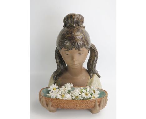 A large Lladro female bust of a girl with pig tails, and basket, 46cm high. 