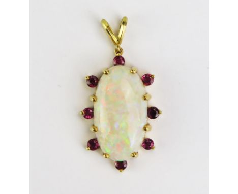 An 18ct Gold, Opal and Ruby Pendant, 24x13mm principal singlet stone, 3mm rubies, 39mm overall drop, hallmarked, 7.25g gross 