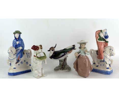 A pair of Rye pottery figures from Canterbury Tales, a Nao figure of a girl, together with two other figures of a bird and a 