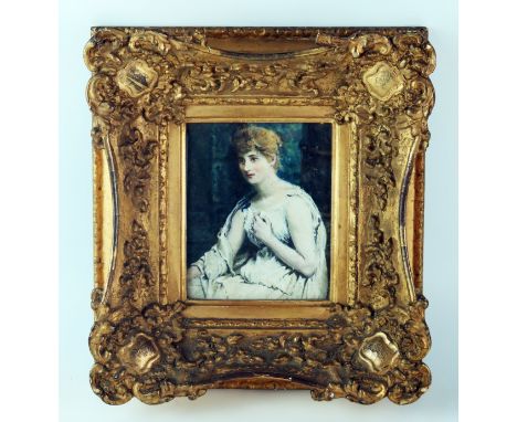 An Edwardian period Portrait of a woman, dressed in neo-classical robes,Oil on board, unsigned and undated, 12 x 9.5cmF & G 