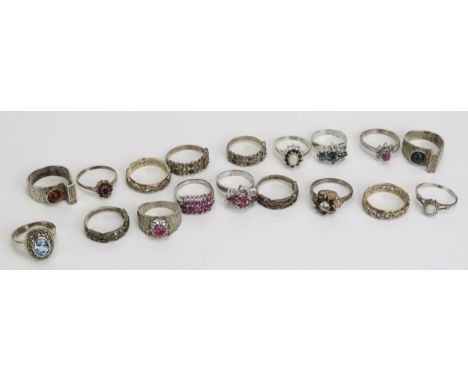 Eighteen Silver Rings including a 9ct gold and silver eternity ring (hallmarked or stamped), 62.49g 