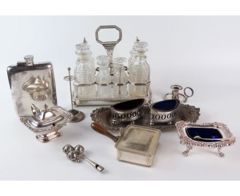 A collection of Sheffield plate, includes cruet stand, condiments, snuffer tray, hip flask etc. 