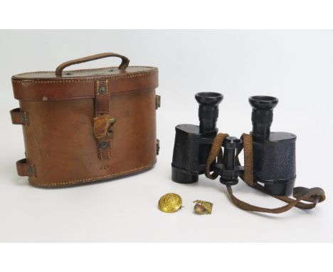 Ross, London, a pair of military issue case No 3 prismatic Binoculars, contained in stitched leather case, brass button and b
