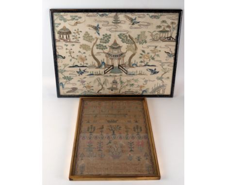 A George III needlework sampler, with banded decoration of upper and lowercase alphabet, Arabic numbers, trees birds and flow