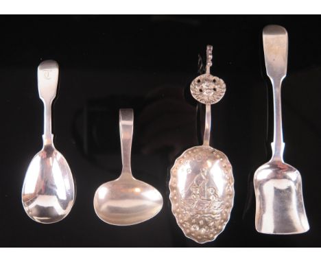 A Dutch silver caddy spoon, the bowl decorated with figures in a boat, together with three other spoons. 73gms, 2.35ozs 