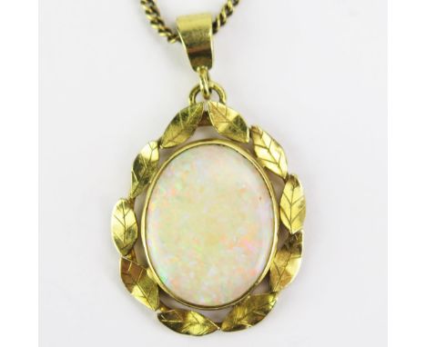 An 18ct Gold and Opal Pendant, 16x12.5mm singlet stone, and on a 9ct gold chain, 15.75" (40cm), 6.54g gross 