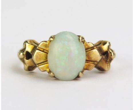 A Victorian 9ct Gold and Opal Ring, London 1896 or 1899? (date letter rubbed), 8x6.5mm stone, size H, 2.48g gross 