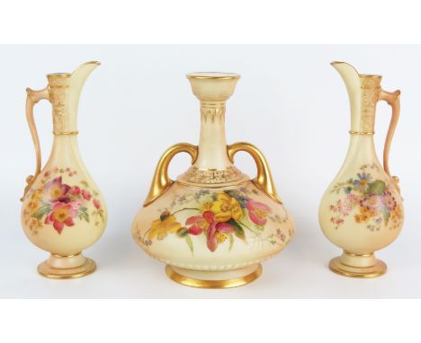 A Royal Worcester blush ivory twin handled vase, of squat globular form, with painted floral decoration and gilt handles, 18c