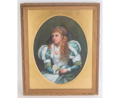 Continental School, portrait of a young lady in ermine trimmed dress and holding a lily, gouache and body colour, 31 x 25cm. 