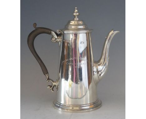 A George V silver coffee pot, maker Harrison Brothers &amp; Howson, Sheffield, 1923, inscribed, of cylindrical tapering form,