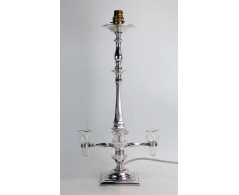 A Masonic silver plated four branch table lamp, inscribed, with clear glass sconces. 48cm high, together with three circular 